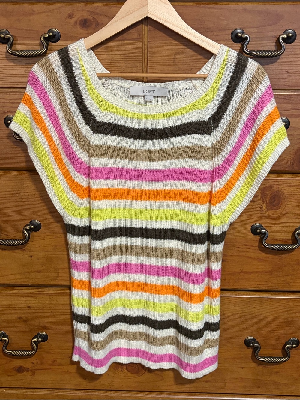 LOFT Multicolor Striped Short-Sleeve Sweater - Neon Accent